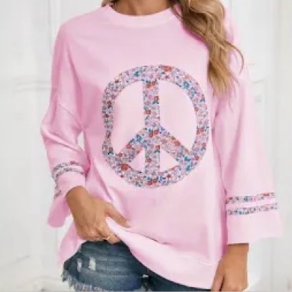 Tops - Light Pink Floral Peace Sign Drop Shoulder Top size large MN138